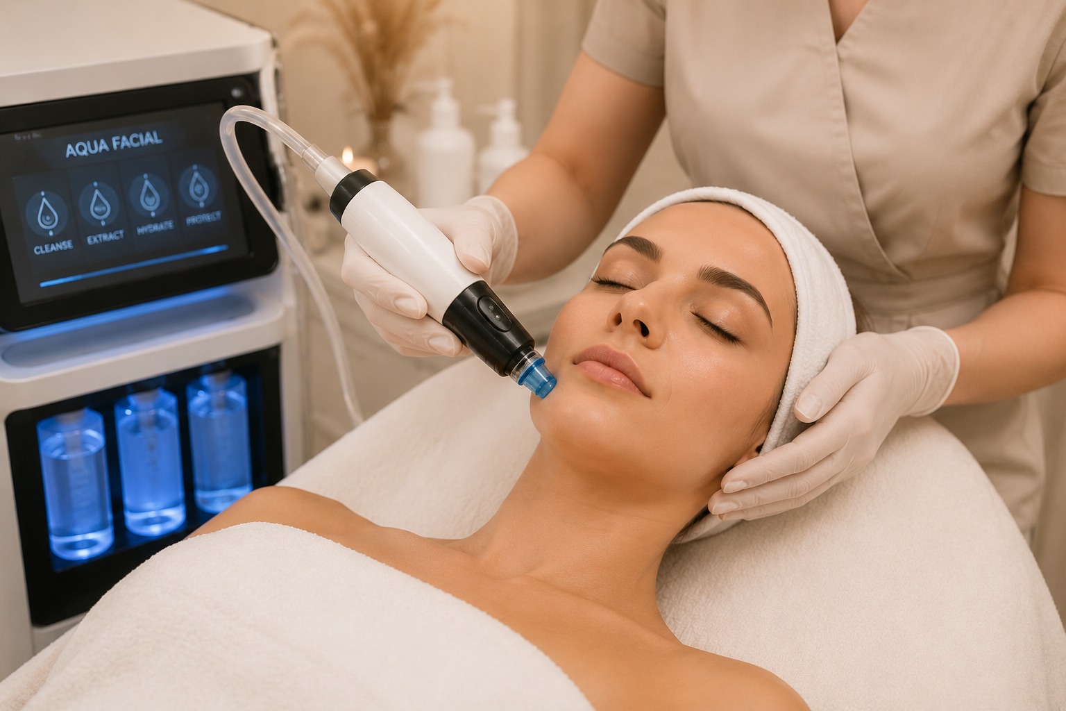 Kosmetikerin behandelt das Gesicht einer entspannten Frau mit einem Aqua-Facial-Gerät, während sie Handschuhe trägt.