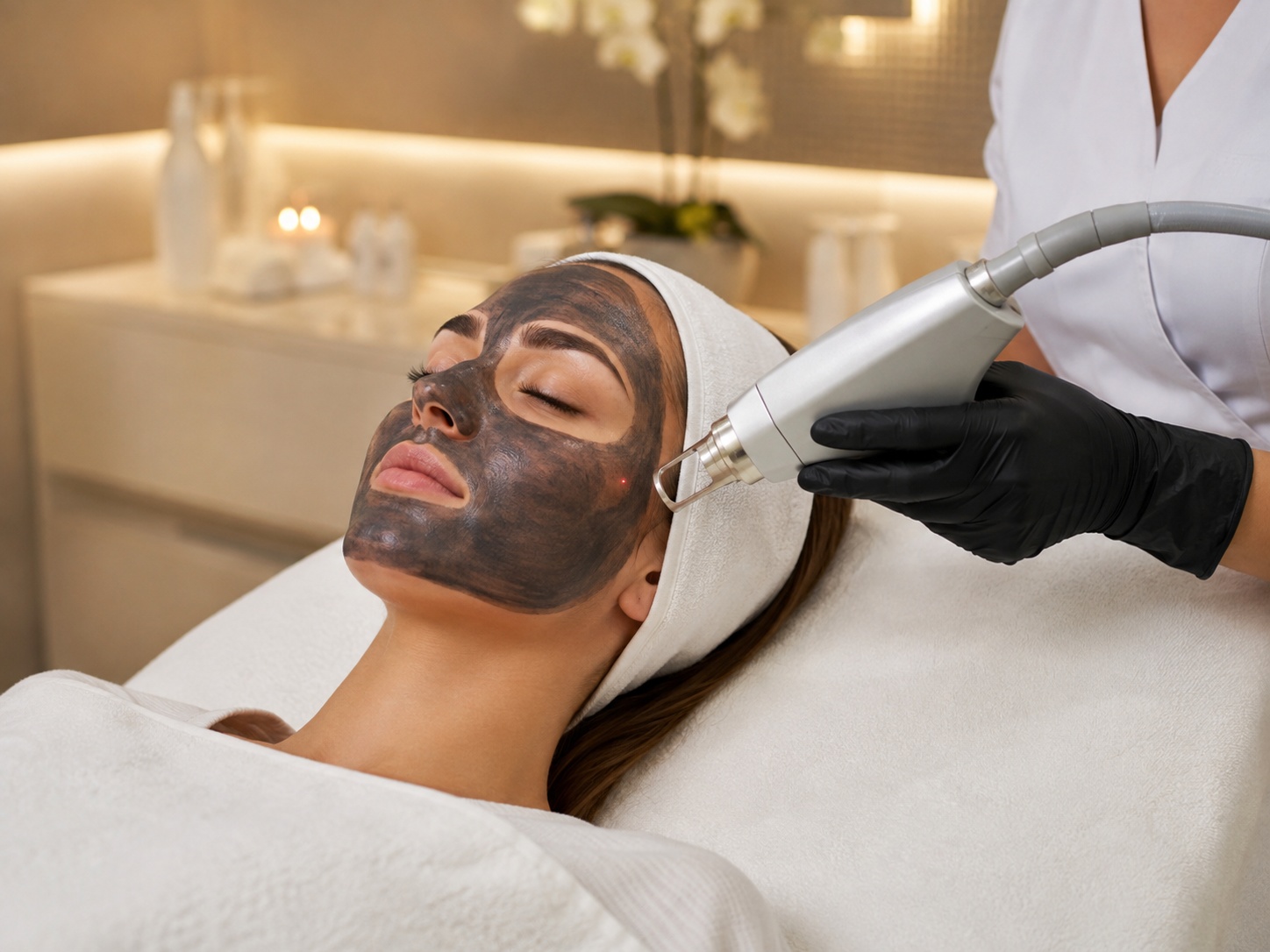 Frau liegt im Spa, Gesichtsmassage mit Lasergerät, schwarze Handschuhe, warmes Ambiente im Hintergrund.