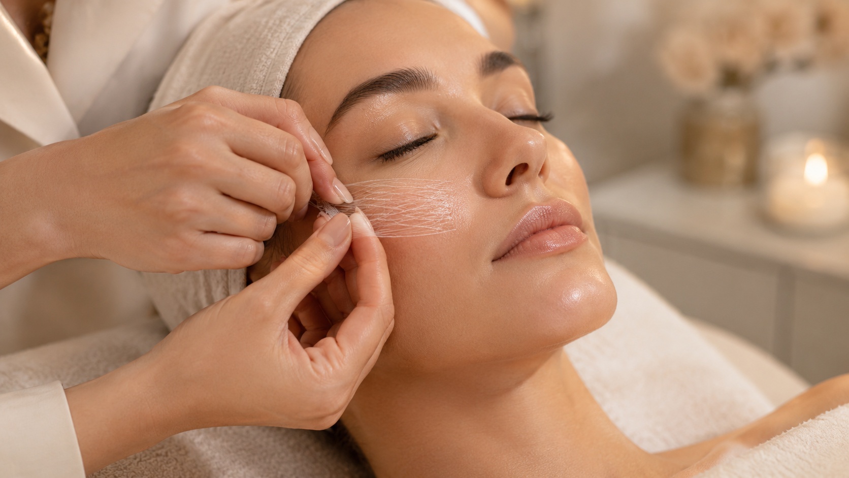 Kosmetikerin zieht mit den Fingern eine dünne Maske über das Gesicht einer entspannten Frau im Spa.